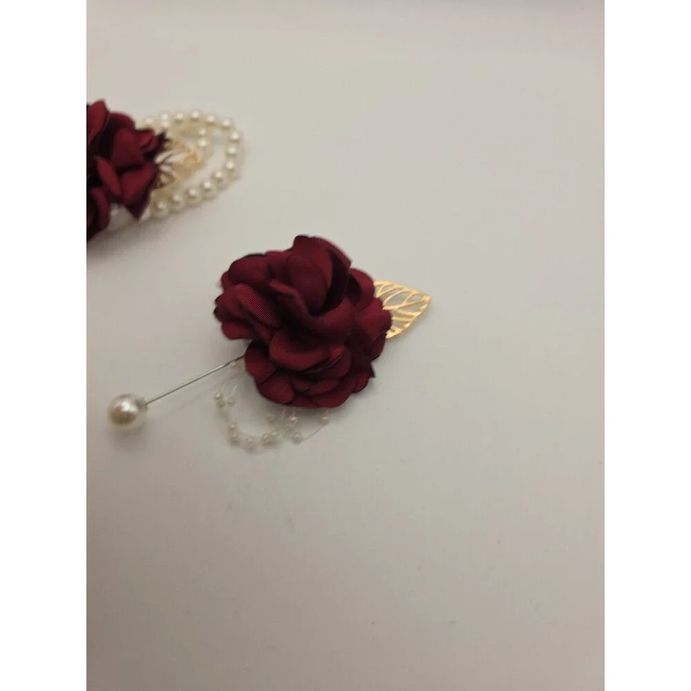 2Pcs Burgundy Rose Corsage and Boutonniere Set, Artificial Wrist Corsage Wristle
